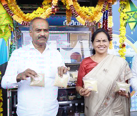 Union Minister of State for Agriculture, Farmers Welfare and Food Processing Industries, Shobha Karandlaje with Bengaluru Central MP P C Mohan at the Pradhan Mantri Bhartiya Janaushadhi Kendra at Sir M Visvesvaraya railway terminal at Bengaluru. 