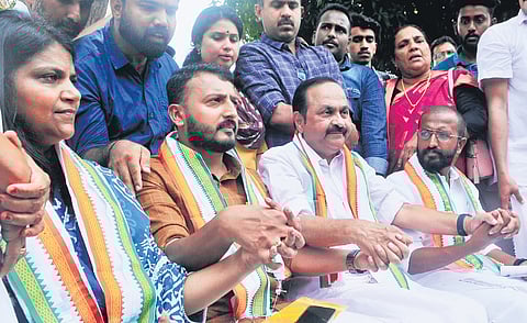 (From left) MP Jebi Mather, Youth Congress state president Rahul Mamkoottathil, Leader of Opposition V D Satheesan, and KSU state president Aloysius Xavier, stage a protest in front of the Secretariat on Monday, demanding a CBI inquiry into the death of J S Sidharthan | B P Deepu