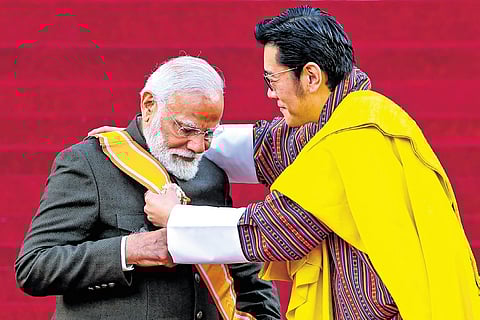 PM Narendra Modi being conferred Bhutan’s highest civilian award by King Jigme Khesar Namgyel Wangchuck in Thimphu on Friday