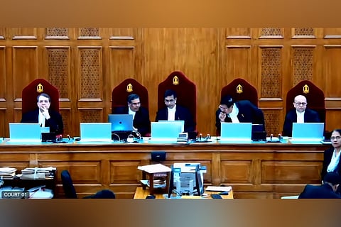 The 5-judge Supreme Court bench that heard SBI's plea seeking more time to disclose electoral bonds data (in pic). Headed by Chief Justice of India (CJI) D Y Chandrachud, comprising Justices Sanjiv Khanna, B R Gavai, J B Pardiwala, and Manoj Misra were on it.