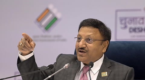 Chief Election Commissioner Rajiv Kumar during announcement of the schedule for General Elections 2024, in New  Delhi on Saturday. 
