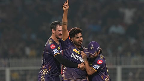 Kolkata Knight Riders' Harshit Rana , centre, along with his team players celebrate their win during the Indian Premier League cricket tournament match between Kolkata Knight Riders and Sunrisers Hyderabad in Kolkata. 