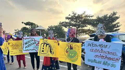 Ennore residents protesting against Coromandel at Besant Nagar.
