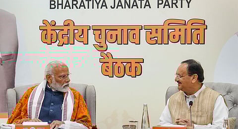 Prime Minister Narendra Modi with BJP National President JP Nadda during the BJP's Central Election Committee meeting to finalise the first list of candidates for the upcoming Lok Sabha polls, in New Delhi, Thursday, Feb. 29, 2024.