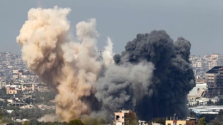 This picture taken from Israel's southern border with the Gaza Strip shows smoke billowing following an Israeli strike in the besieged Palestinian