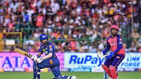 LSG batter KL Rahul plays a shot during the IPL 2024 T20 cricket match between Lucknow Super Giants and Rajasthan Royals at SMS Stadium, in Jaipur, Sunday