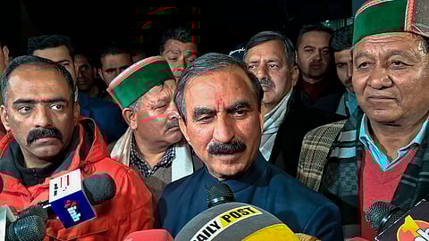 Himachal Pradesh Chief Minister Sukhvinder Singh Sukhu addresses the media after a meeting with Himachal Pradesh Assembly Speaker Kuldeep Singh Pathania at the Vidhan Sabha, in Shimla, Friday, March. 1, 2024.