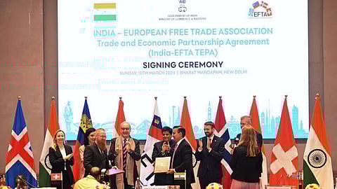 Union Minister for Commerce & Industry Piyush Goyal during the signing of the India-European Free Trade Association (EFTA) Trade & Economic Partnership Agreement, in New Delhi, Sunday, March 10, 2024.