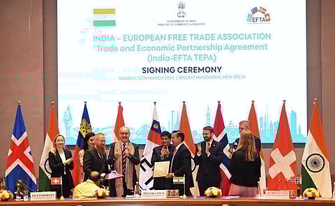 Union Minister for Commerce & Industry Piyush Goyal during the signing of the India-European Free Trade Association (EFTA) Trade & Economic Partnership Agreement, in New Delhi, Sunday, March 10, 2024.
