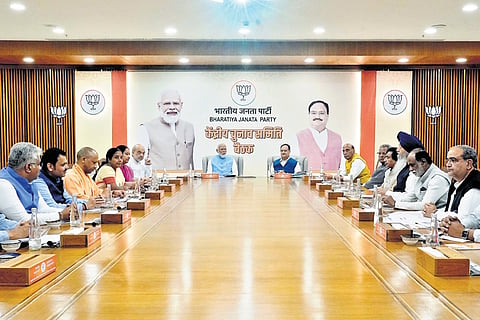 PM Modi and BJP national president JP Nadda, along with other senior leaders during the CEC meeting at party headquarters in New Delhi on Saturday.