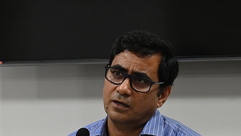 Chief Electoral Officer (CEO) Manoj Kumar Meena addressing a press meet regarding Lok Sabha elections in Bengaluru on Saturday.