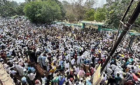 Crowd during the funeral of the gangster-turned-politician Mukhtar Ansari at Mohammadabad, in Ghazipur district, Saturday, March 30, 2024.