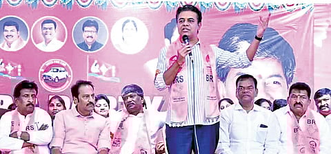 BRS working president KT Rama Rao speaks at Telangana Bhavan on Tuesday