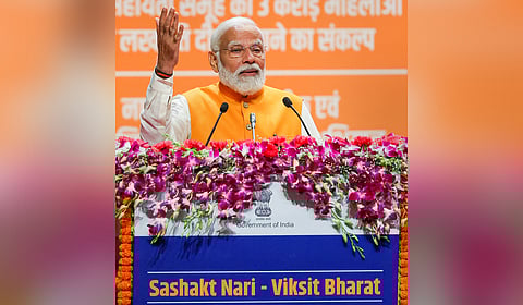 Prime Prime Minister Narendra Modi speaks at the Sashakt Nari - Viksit Bharat' programme, in New Delhi.