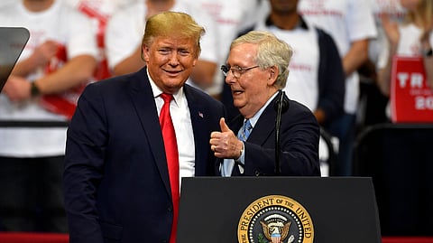 US President Donald Trump and then-Senate Majority Leader Mitch McConnell of Ky., greet each other during a campaign rally in Lexington, Ky., Nov. 4, 2019. 