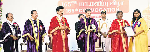 President Droupadi Murmu, Governor R N Ravi and Chief Minister M K Stalin with students at the 165th convocation of the University of Madras | EXPRESS
