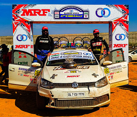 Delhi’s Harkrishan Wadia (co-driver Kunal Kashyap, Himachal) of Arka Motorsports seen after winning the Blueband K1000 Rally.