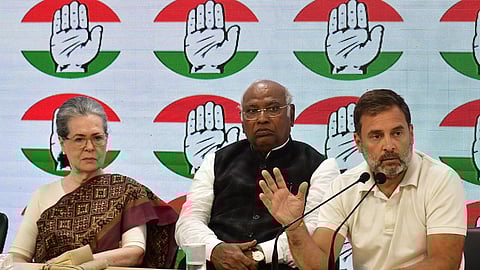 Congress leader Rahul Gandhi addresses a press conference regarding the freezing of the party's bank accounts ahead of the Lok Sabha elections.