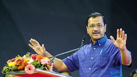 Delhi Chief Minister Arvind Kejriwal speaks at a public meeting.
