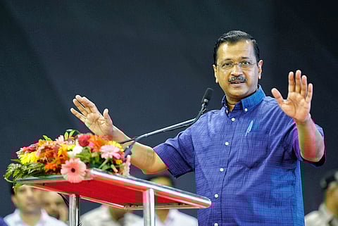Delhi Chief Minister Arvind Kejriwal speaks at a public meeting.