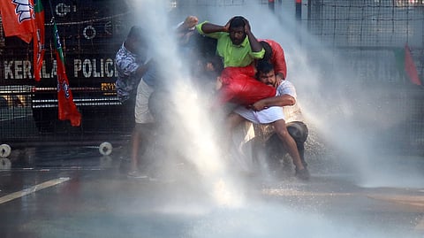 The police using water cannons against Yuva Morcha activists who were protesting in front of the commissioner’s office in
Kochi on Saturday demanding action against those involved in the death of veterinary varsity student Sidharthan. 