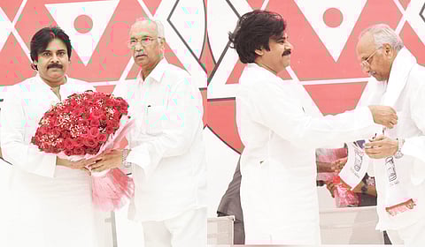 Former Bhimavaram MLA P Ramanjaneyulu joins Janasena in the presence of Pawan Kalyan on Tuesday.