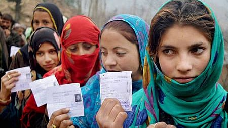 Image of voters standing in a long queue to cast their votes in the J&K Assembly Elections used for representative purpose.