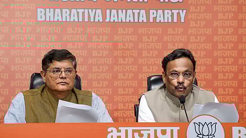 BJP leaders Baijayant Jay Panda and Vinod Tawde during the announcement of first list of candidates for the upcoming Lok Sabha elections at a press conference, in New Delhi, Saturday, March 2, 2024.
