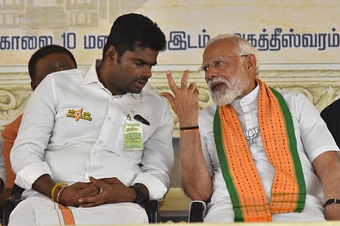 Prime Minister Narendra Modi with Tamil Nadu BJP chief Annamalai at a public meeting in Kanyakumari.