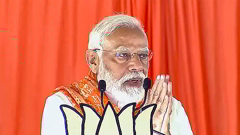 Prime Minister Narendra Modi addresses a public meeting ahead of Lok Sabha elections, in Jagtial, Telangana.