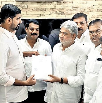 BRS MLAs hand over a petition to Assembly Speaker Gaddam Prasad, seeking disqualification of 
Khairatabad MLA Danam Nagender