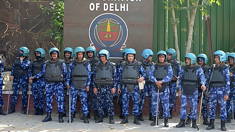 Security personnel deployed at Shaheedi Park ahead of AAP's protest over the arrest of Delhi Chief Minister Arvind Kejriwal.