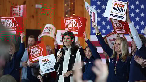 FILE - Republican presidential candidate former UN Ambassador Nikki Haley speaks at a campaign event, Jan. 14, 2024, in Adel, Iowa.
