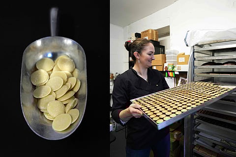 L-R: White chocolate used by owner of Fetcha Chocolates Fiona McArthur for "Poor Thing"; she prepares the vegan chocolates for the 2024 Academy Award gift bags given to the Oscar nominees.