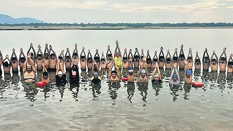 Children seen taking part in the weekly nature camp organised by AWARA at 
Krishna riverfront near Tadepalli in Guntur district on Sunday