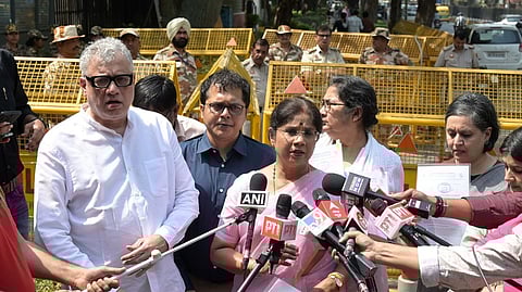TMC leaders Derek O'Brien, Dola Sen, Shashi Panja, Saket Gokhale and Sagarika Ghose address the media outside the Nirvachan Sadan in Delhi.