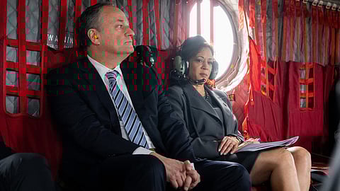 US Vice President Kamala Harris (R) and her husband Second Gentleman Doug Emhoff travel on Army Two helicopter to Selma, Alabama, March 3, 2024.