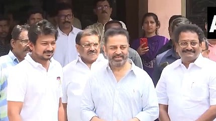 MNM chief and actor Kamal Haasan with Tamil Nadu Minister Udhayanidhi Stalin at the DMK office in Chennai.