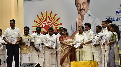 Chief minister and DMK president MK Stalin and other leaders release the party election manifesto for Lok sabha elections and announce the list of contestants at a function held at Arivalayam on Wednesday. 