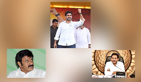 (Right to Left) Chief Minister Y S Jagan Mohan Reddy, Nara Lokesh and N Balakrishna.