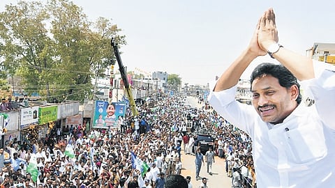 CM YS Jagan Mohan Reddy greeting people at Kodumuru in Kurnool district on Friday 