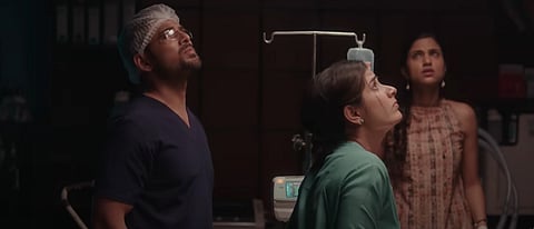 YouTube screengrab from the teaser of the medical thriller 'O2', starring Ashika Ranganath and Praveen Tej in the lead.