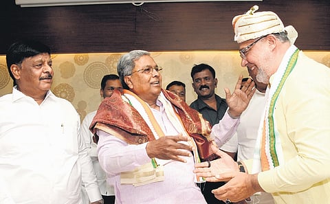 Chief minister Siddaramaiah, Ministers HC Mahadevappa, K Venkatesh and MLA Tanveer Sait, seen during the meeting with party leaders of Mysuru-Kodagu Lok Sabha constituency in Mysuru on Sunday