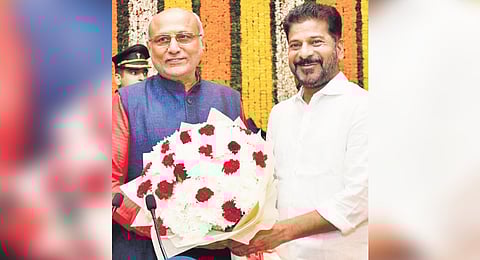 CM A Revanth Reddy greets CP Radhakrishnan after the latter took oath as the governor of Telangana at Raj Bhavan in Hyderabad on Wednesday