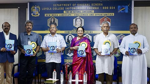 TNIE group CEO Lakshmi Menon and veteran journalist Bhagwan Singh took part in the conference organised at Loyola College on Thursday