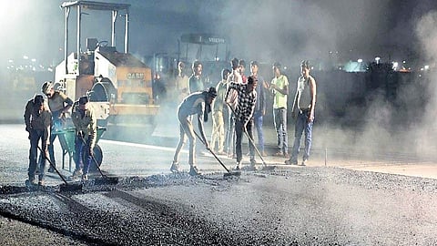 Resurfacing works of runway at Visakhapatnam International airport going on at a brisk pace on Tuesday