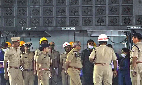 City Police Commissioner B Dayananda takes stock of the situation after the blast at The Rameshwaram Cafe on Friday | Allen Egenuse J