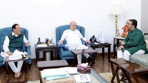 Union Minister Amit Shah with BJP National President JP Nadda (L) and Rashtriya Lok Dal (RLD) President Jayant Chaudhary (R) during a meeting in New Delhi, March 02, 2023.