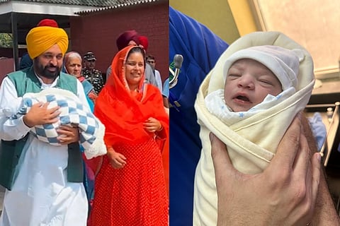 Punjab Chief Minister Bhagwant Mann and his wife Dr Gurpreet Kaur carrying their baby daughter,