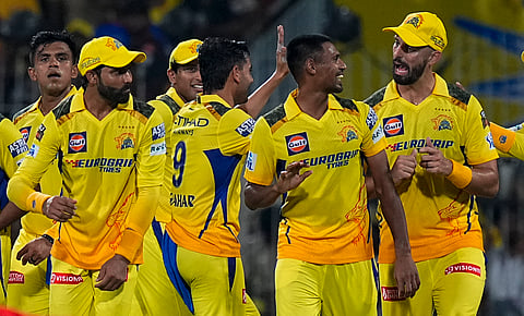 CSKs' Mustafizur Rahman bowls during the IPL Twenty20 cricket match between CSK and RCB at the MA Chidambaram Stadium in Chennai on March 22, 2024.